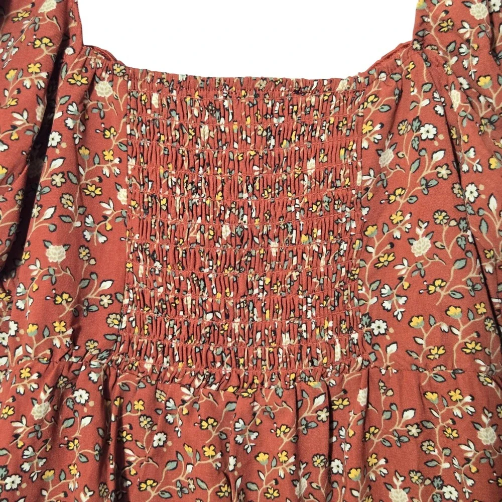 Trixxi Floral Puff Sleeve Mini Dress Rust Orange M Cottagecore Boho Romantic - Picture 6 of 12